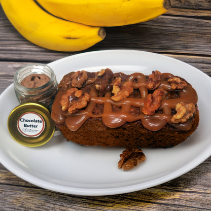 Banana Nut Loaf with Salted Caramel, Candied Walnuts and a Jar of Chocolate Butter