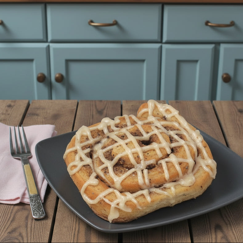Cardamom Cinnamon roll with icing on a plate with a fork and pink napkin on a wooden table, blue cabinets in the background.