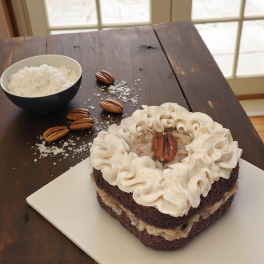 German Chocolate Cake with Coconut & Pecan Filling & Caramel Whipped Cream