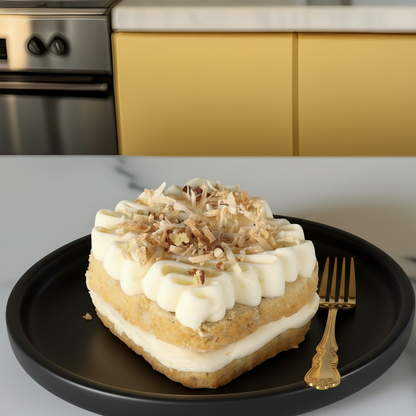 Layered dessert with white cream and nuts on a black plate in a kitchen setting