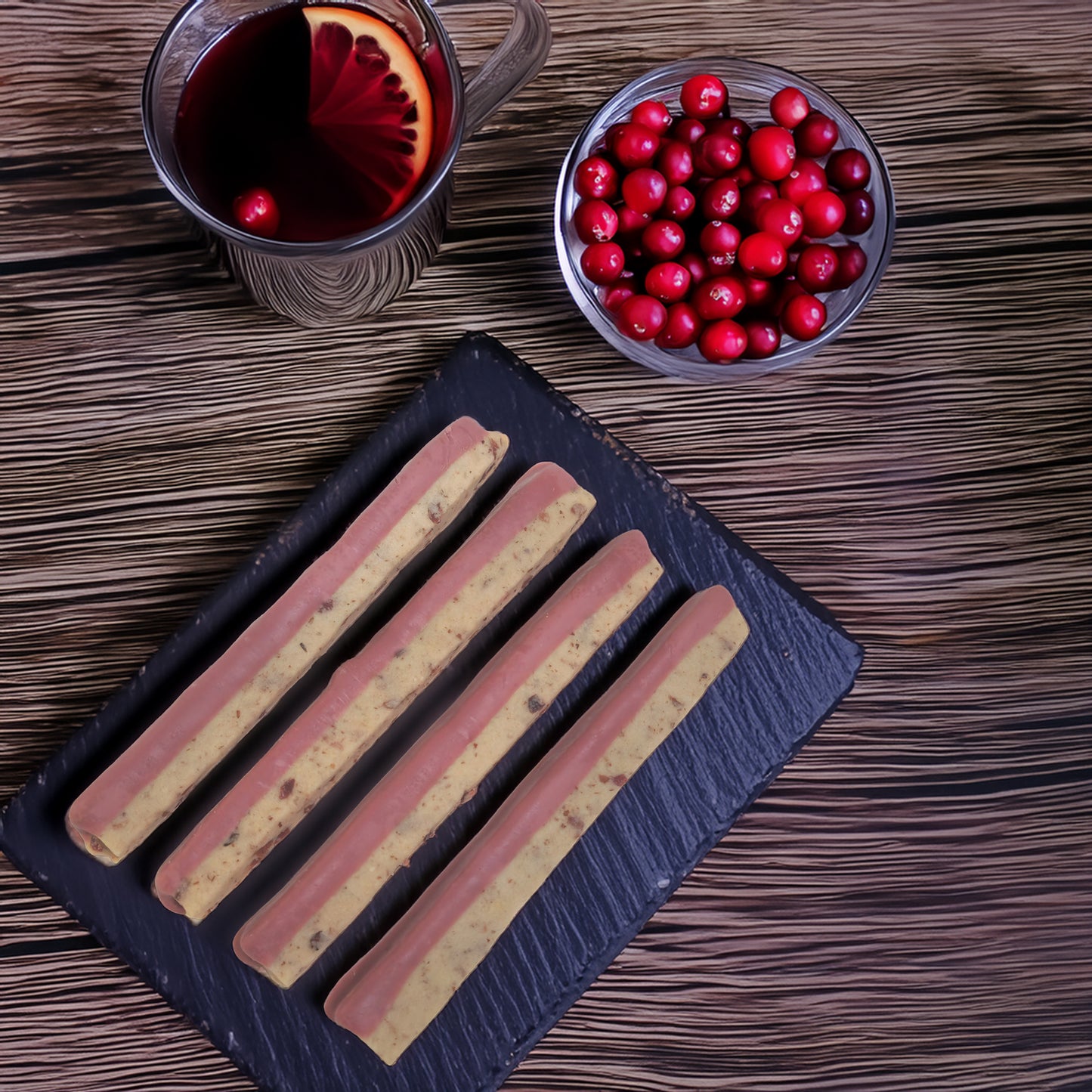 Mulled Wine Cranberry Cookie Sticks with Ruby Chocolate