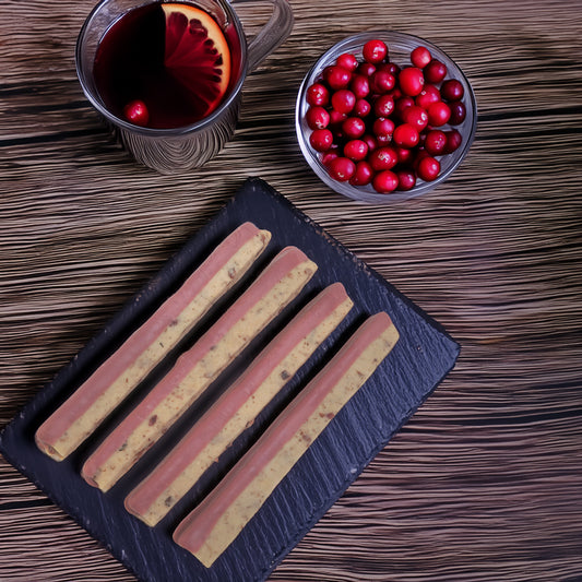 Mulled Wine Cranberry Cookie Sticks with Ruby Chocolate