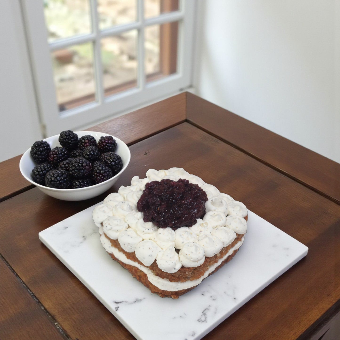 Olive Oil Cake with Cardamom Swiss Buttercream and Blackberries
