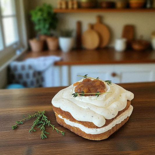 Polenta Cakelettes with Thyme Swiss Meringue Buttercream & Roasted Peaches