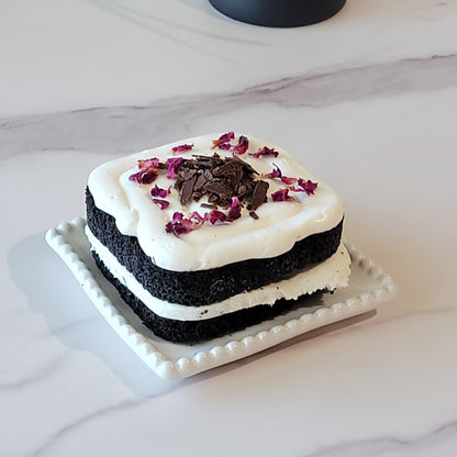 Tuxedo Cakelette with Black Cocoa & Marshmallow Frosting