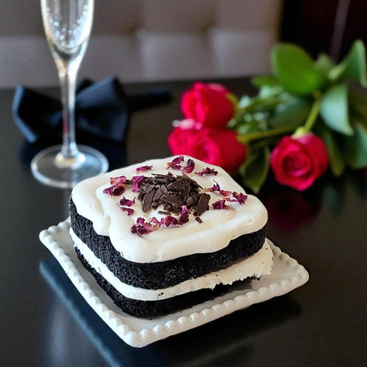 Tuxedo Cakelette with Black Cocoa & Marshmallow Frosting