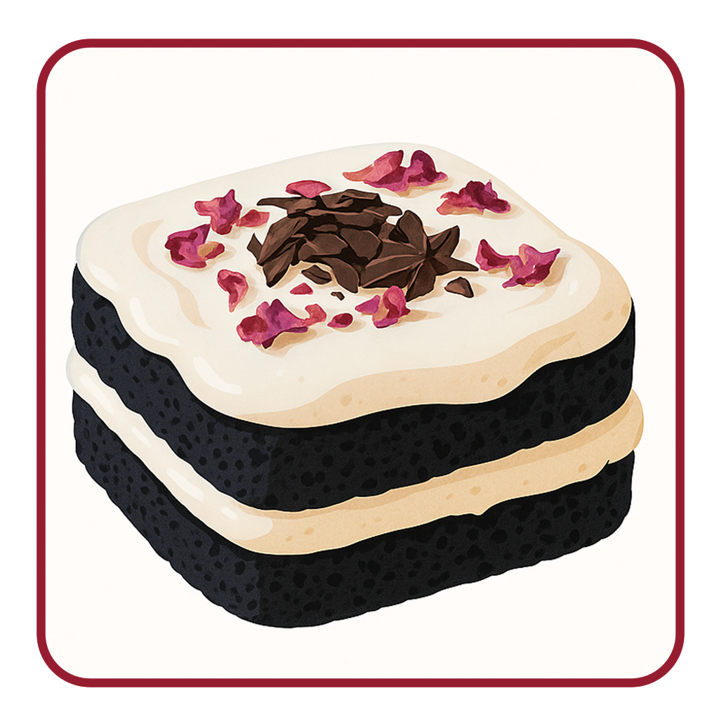 Tuxedo Cakelette with Black Cocoa & Marshmallow Frosting