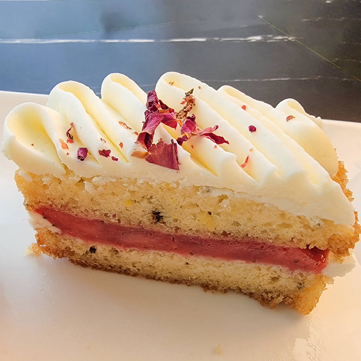 Pink Peppercorn Cake with Rose Cream Cheese frosting and Strawberry Compote